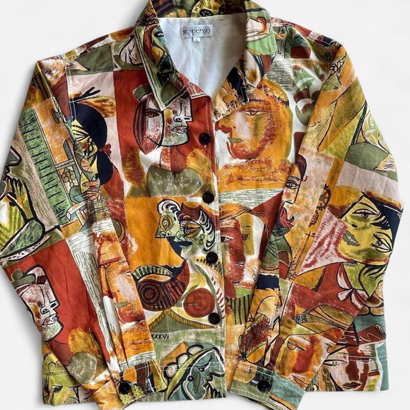 Kaktus Jackets & Blazers - Vintage Kaktus Pablo Picasso All Over Print Linen Blend Button Up Jacket Size XL